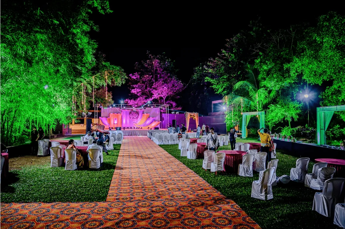 Illuminated lawn set up for an evening event