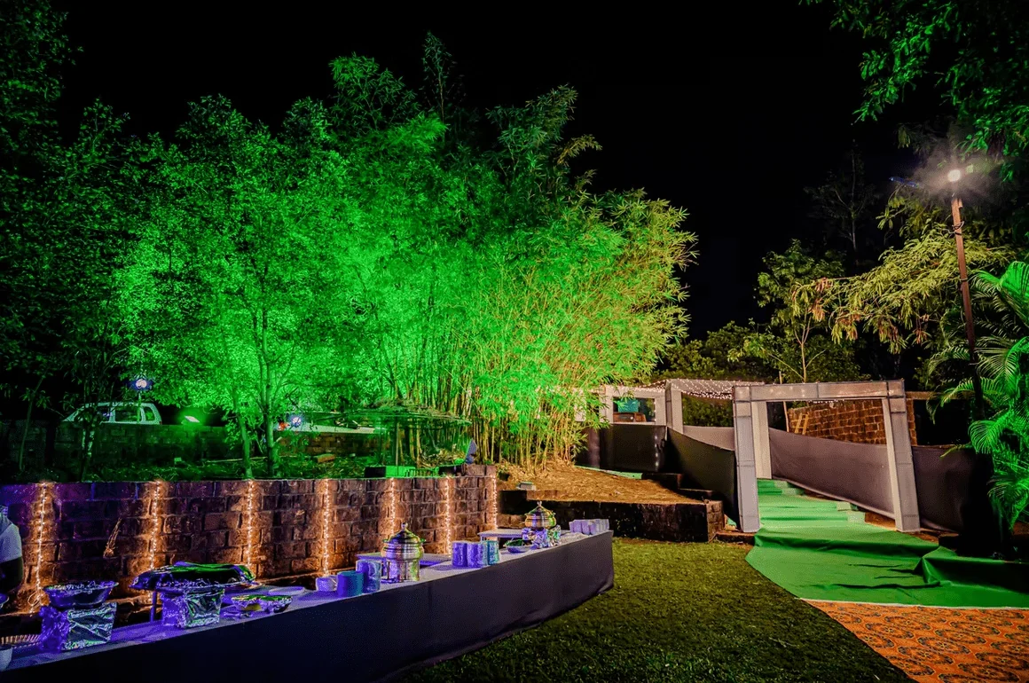 Bamboo grove buffet dining setup at night